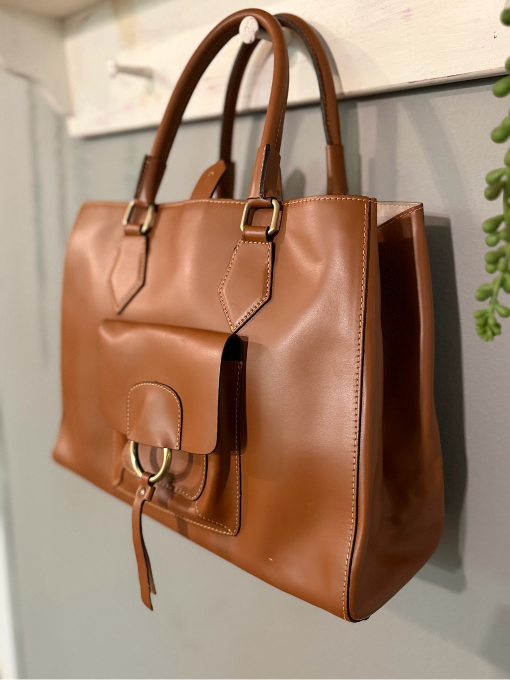 A. Belluci Italian smooth calf Leather Tote with Front Pocket and Ring Accent - Picture 5 of 15